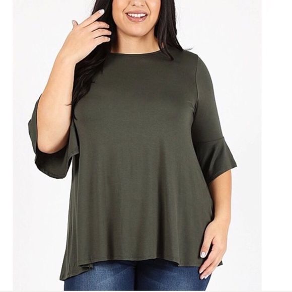 Women’s Olive Green Elbow Length Bell Sleeve Loose Fitting Plus SizeTop Sz 1X - Picture 3 of 6
